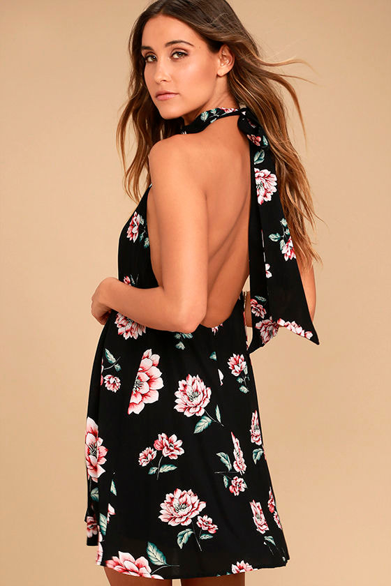 Adorable Black Floral Print Dress Backless Dress Swing Dress 4800 Lulus 6434