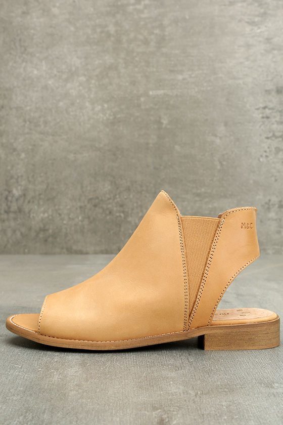 tan leather open toe booties