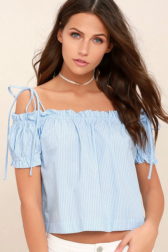 blue and white off the shoulder shirt