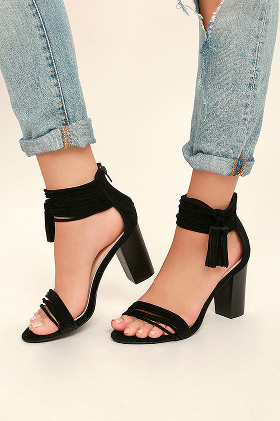 Cute Black Heels - Vegan Suede Heels - Ankle Strap Heels - Tassel Heels ...