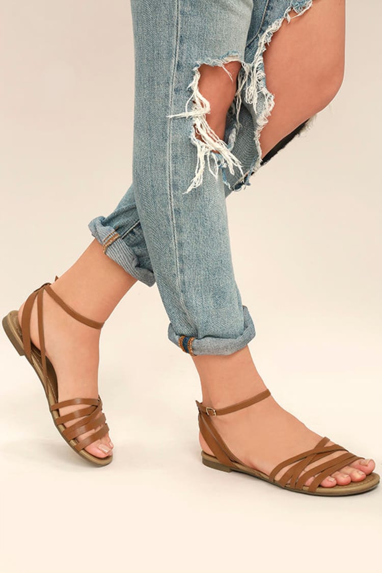 Cute Tan Ankle Strap Heels - Tan Flat Sandals - Strappy Tan Sandals -  $19.00 - Lulus