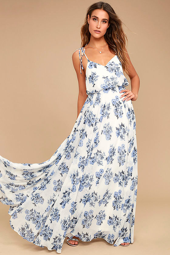Stunning Blue and White Maxi Dress - Floral Print Maxi Dress - Print ...
