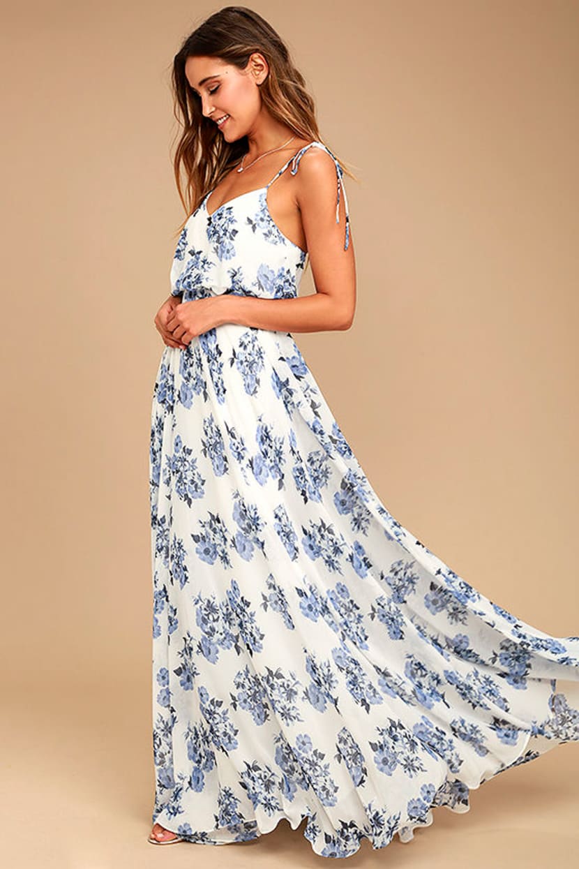 Stunning Blue and White Maxi Dress - Floral Print Maxi Dress - Print  Chiffon Dress - Lulus