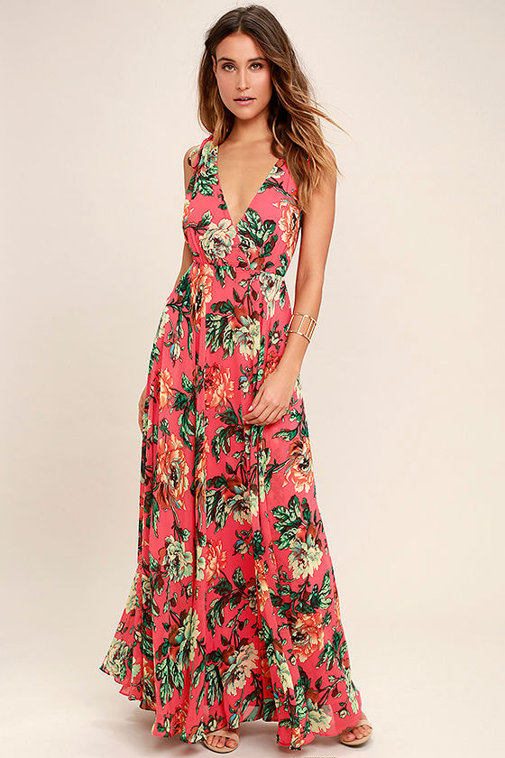 Lovely Coral Red Dress Floral Print Dress Maxi Dress 8600 Lulus