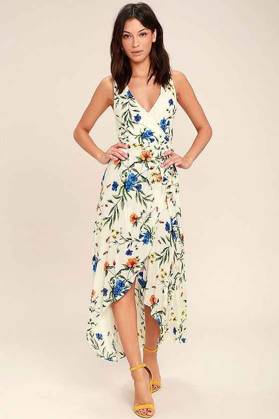 Lovely Ivory Floral Print Dress - Wrap Dress - High-Low Dress - $65.00 ...