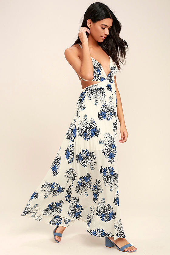 blue and white floral maxi