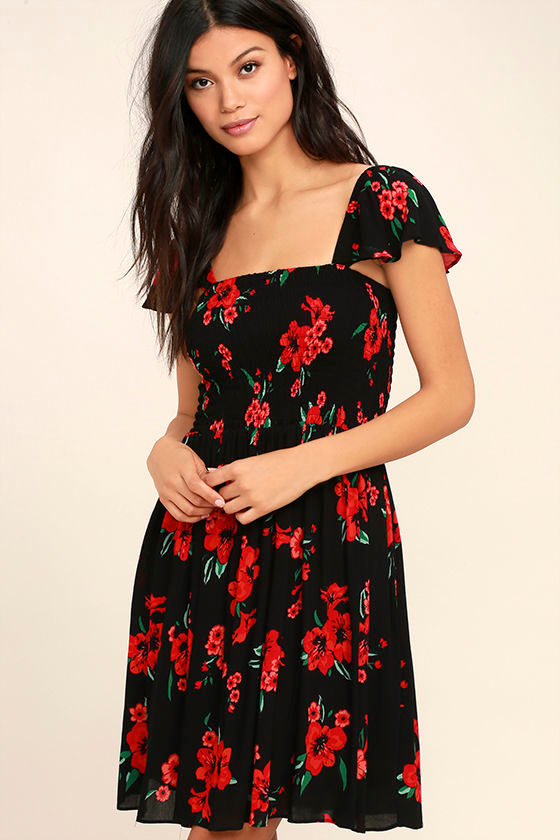 Others Follow Marabella - Red and Black Floral Print Dress - Off-the ...