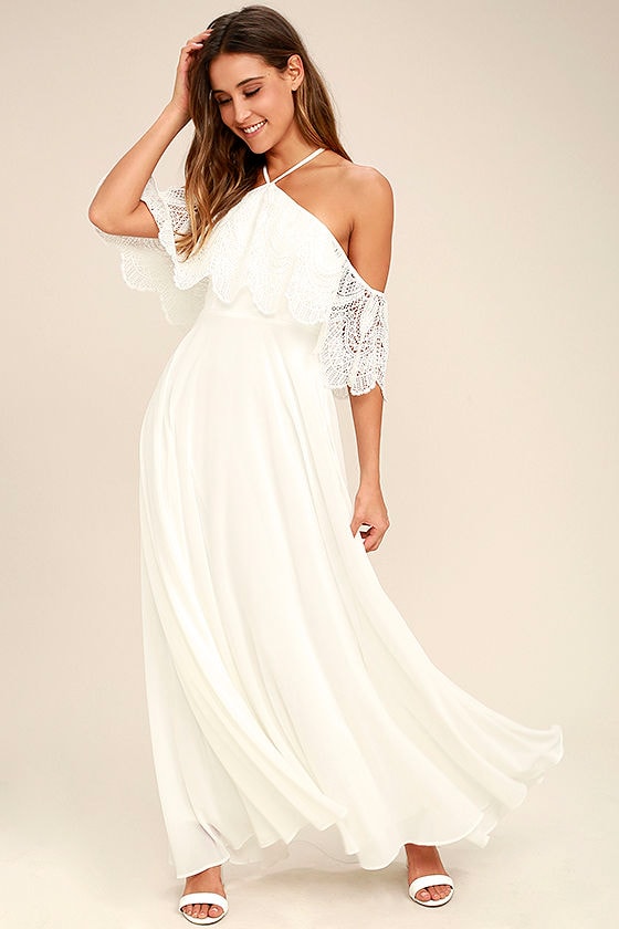 Lovely White Dress Halter Dress Maxi Dress Lace Dress Lulus
