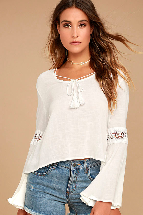 Boho Top - White Top - Lace Top - Long Sleeve Top - Bell Sleeve ...