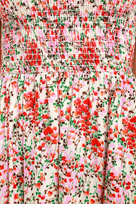 Cute Cream Floral Print Dress - Off-the-Shoulder Midi Dress