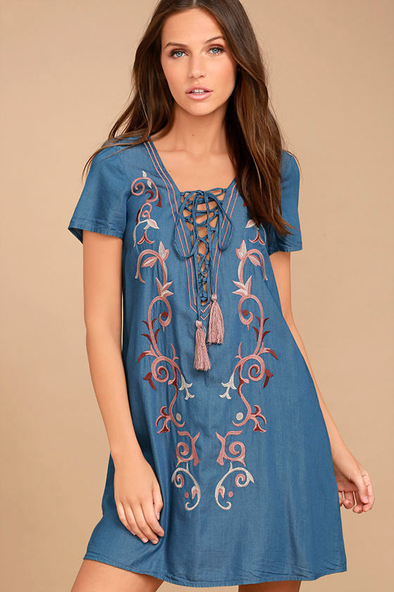 Pretty Blue Chambray Dress - Lace-Up Dress - Embroidered Dress - $54.00 ...
