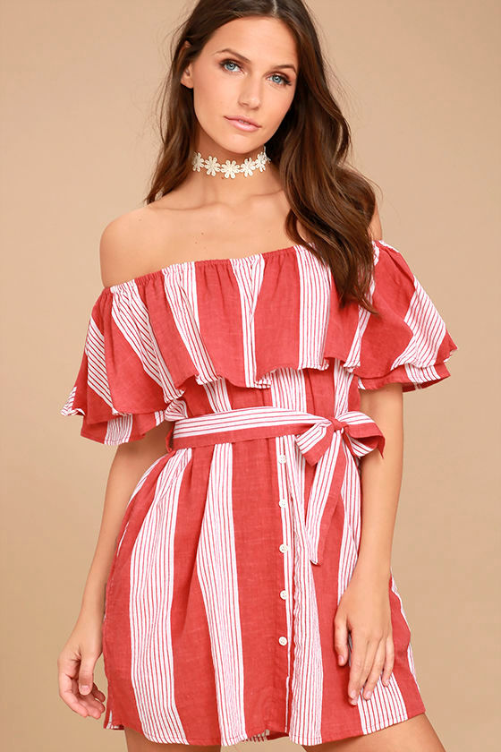 Faithfull the Brand Amalfi - Rust Red Striped Dress - Off-the-Shoulder Dress  - $135.00 - Lulus