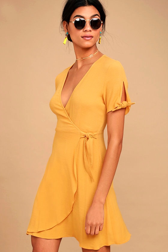 Cute Yellow Dress - Wrap Dress - Short Sleeve Dress