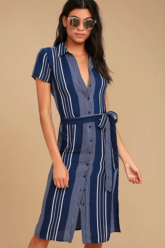 Chic Navy Blue Striped Dress Short Sleeve Midi Dress Belted Midi 