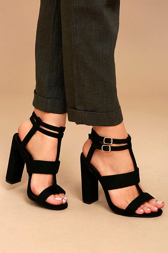 black suede open toe heels