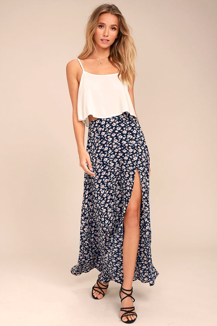 Lovely Navy Blue Skirt - Floral Print Maxi Skirt - Side Slit Maxi Skirt -  $38.00 - Lulus