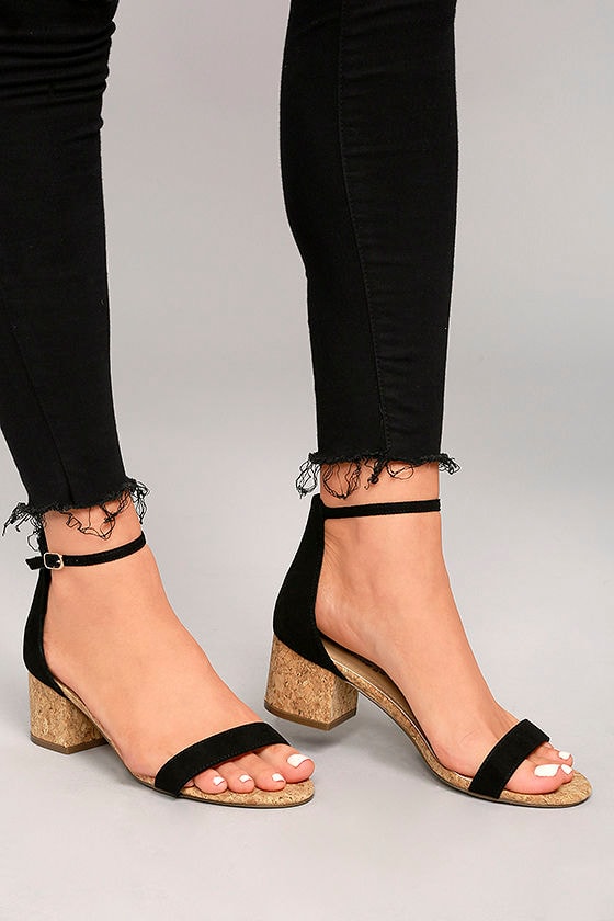 Cute Black Cork Heels - Vegan Leather 