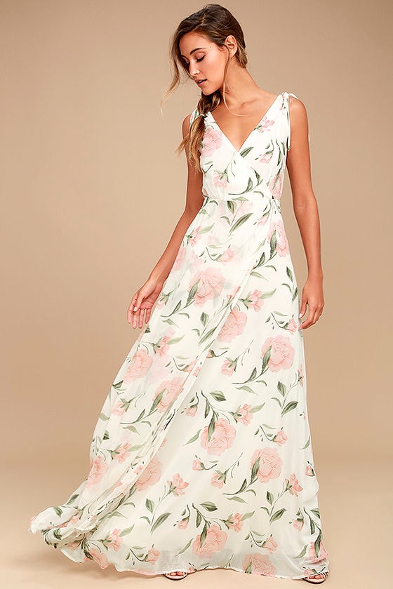White Maxi Dress - Floral Maxi Dress - Plunging Maxi Dress - Lulus