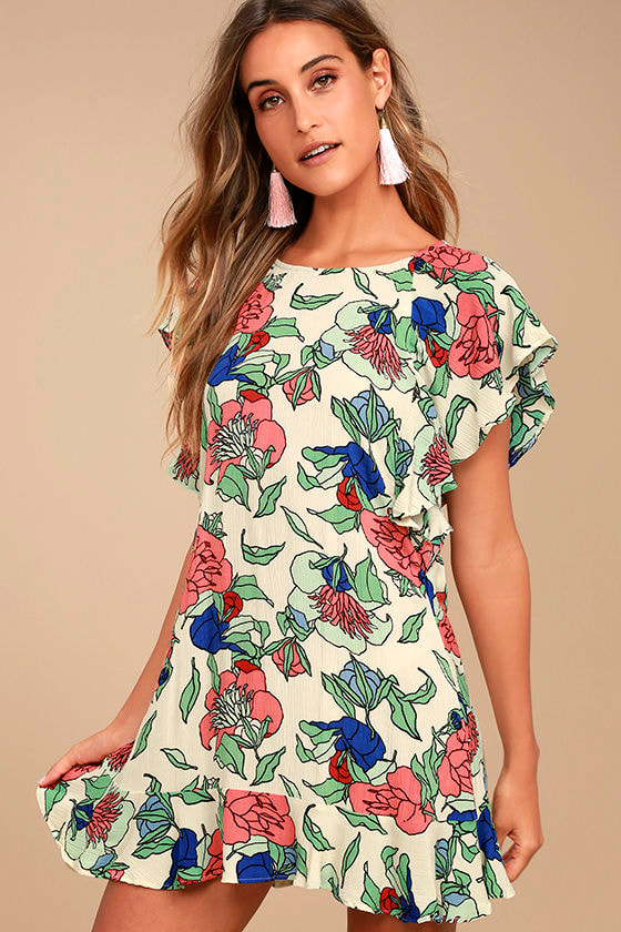 Tavik Layne Dress - Beige Floral Print Dress - Shift Dress - Ruffle ...