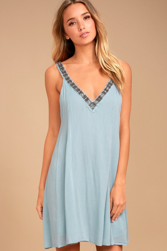 PPLA Xia - Light Blue Dress - Swing Dress - Beaded Dress - Lulus