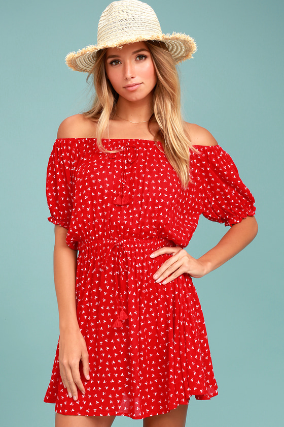 red and white off the shoulder dress