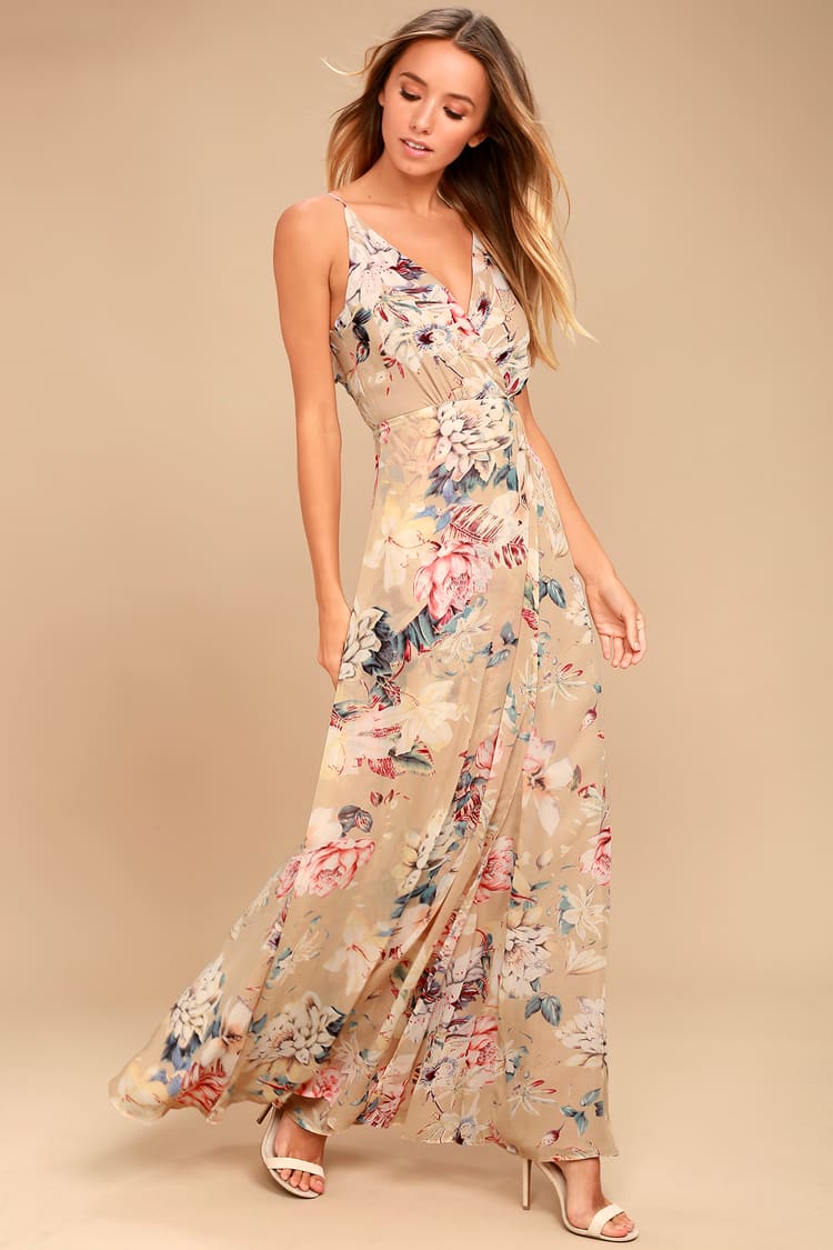 Lovely Beige Dress - Floral Print Dress - Maxi Dress - Lulus