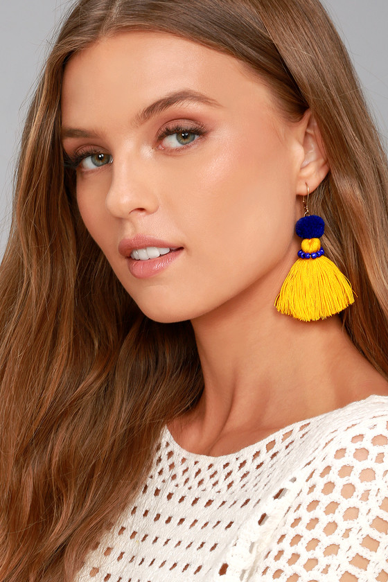 Shashi Earrings - Blue and Yellow Earrings - Pompom Earrings - Tassel ...