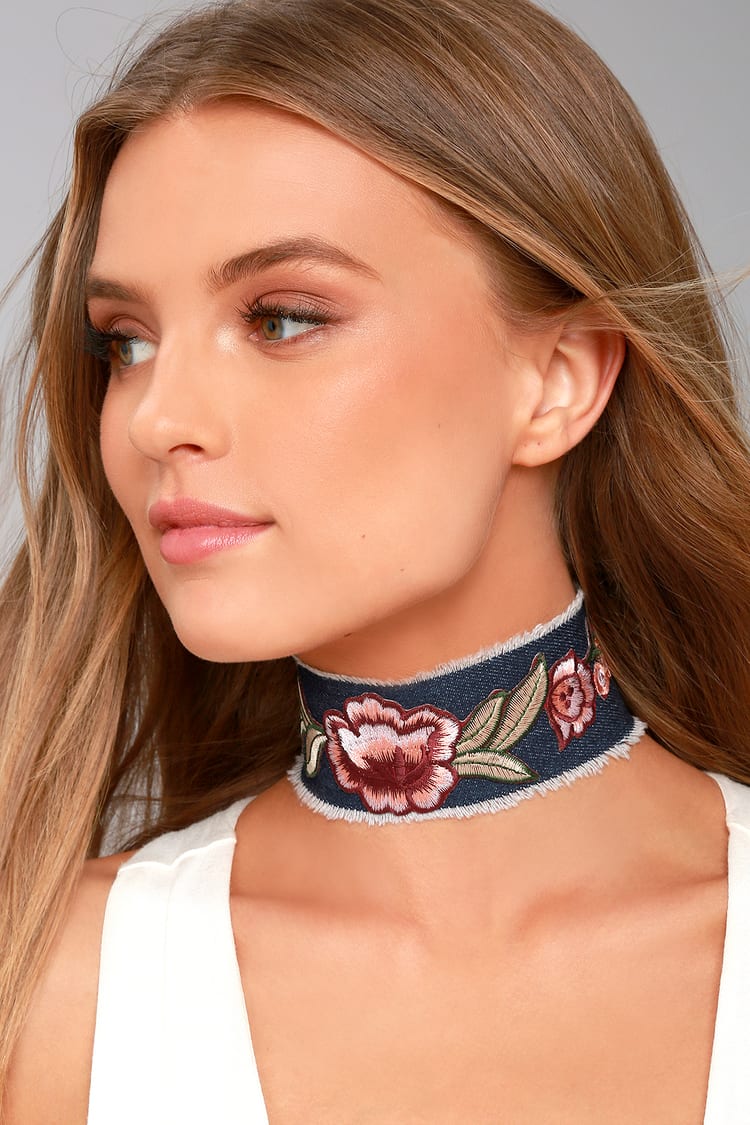 Cute Denim Choker Necklace - Embroidered Choker Necklace - Lulus