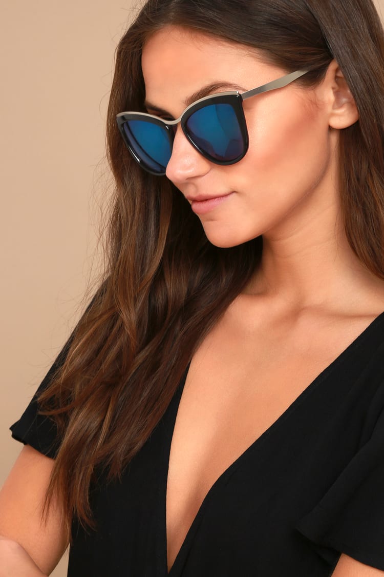 Chic Black Sunglasses - Blue Mirrored Sunglasses - Cat-Eye Sunglasses -  Lulus
