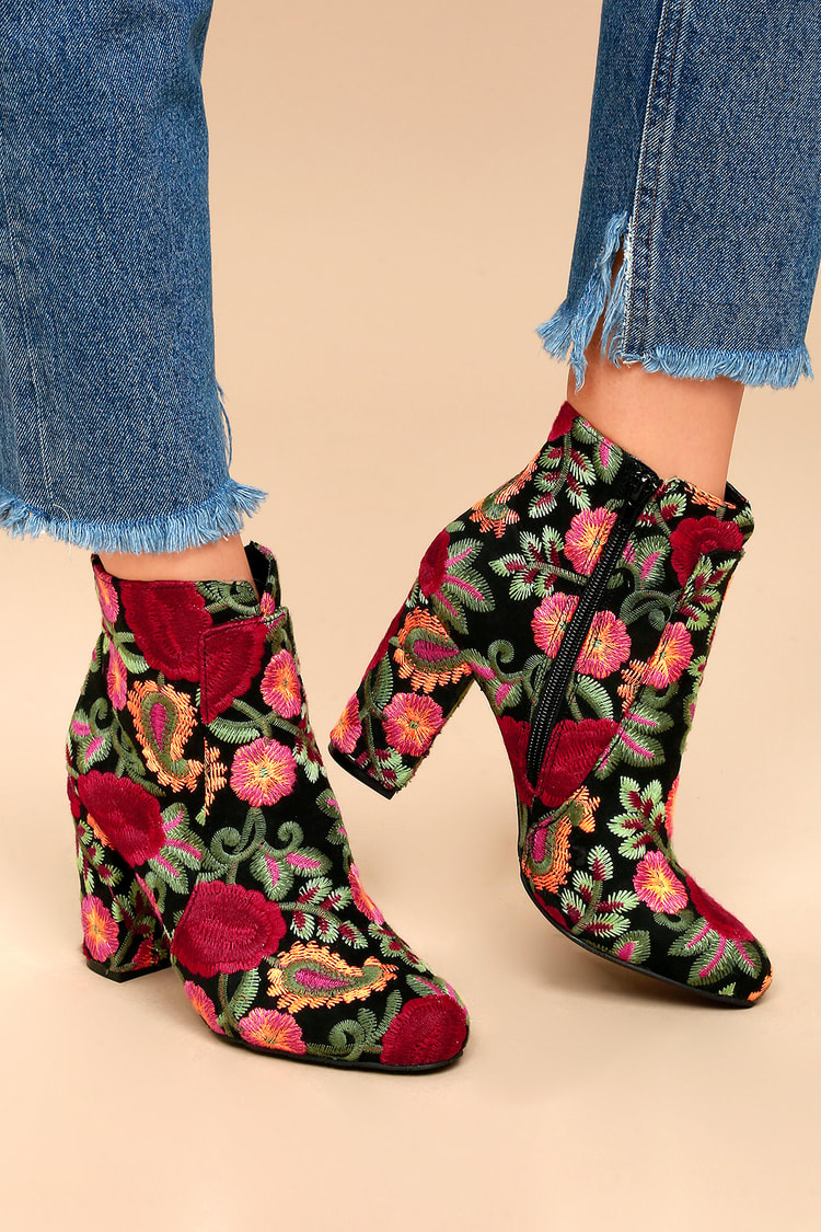 Chic Floral Embroidered Booties - Black Ankle Booties - Lulus