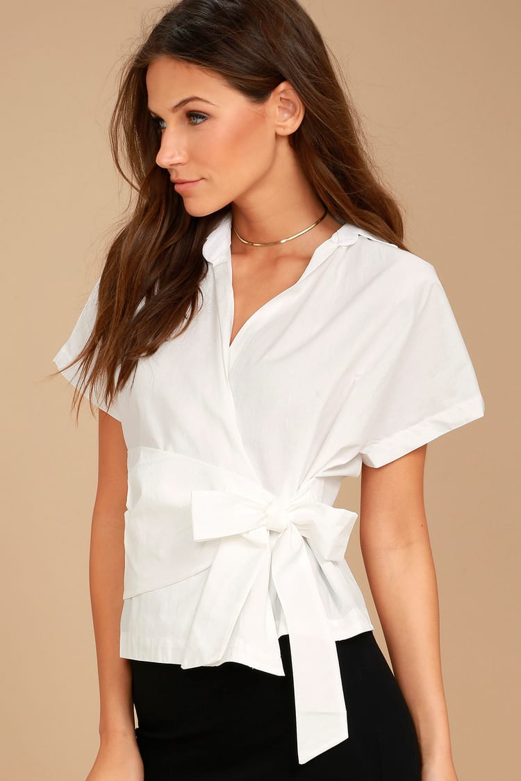 White Wrap Top - Collared Top - Short Sleeve Top - Lulus