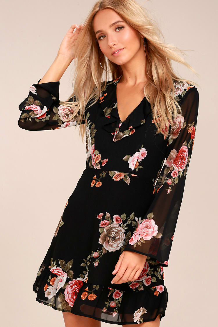 Chic Black Floral Dress - Long Sleeve Dress - Ruffled Dress - Lulus