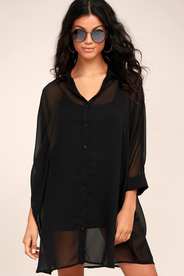 Cute Sheer Shirt Dress - Black Shirt Dress - Lulus