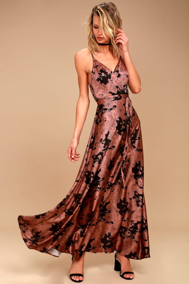 Sexy Satin Maxi Dress - Floral Print Maxi - Rusty Rose Dress - Lulus
