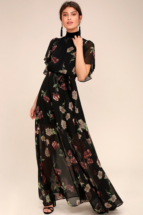 Lovely Black Floral Print Dress - Maxi Dress - Ruffled Dress - Lulus