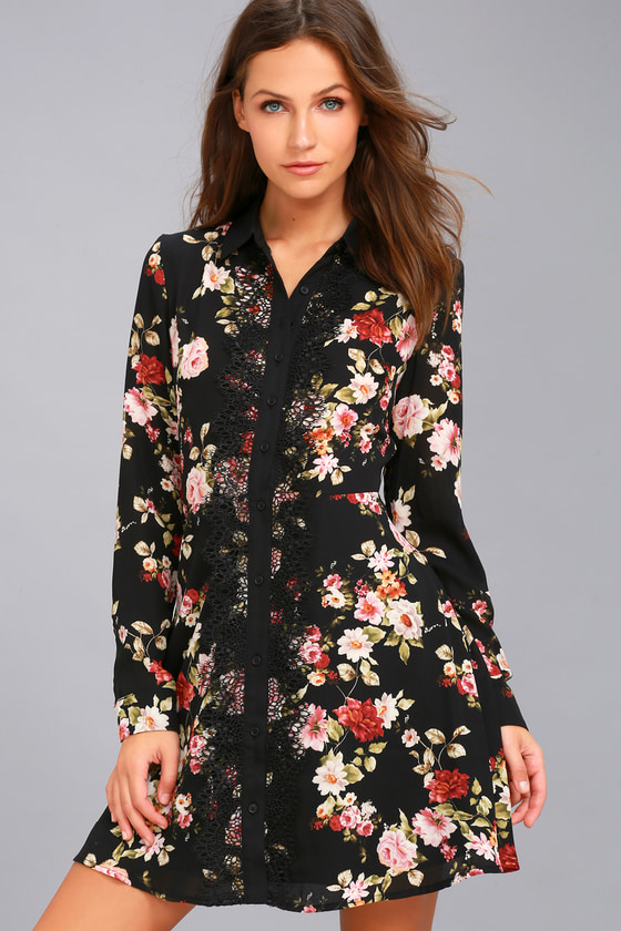 Chic Shirt Dress - Black Floral Dress - Long Sleeve Dress - Lulus