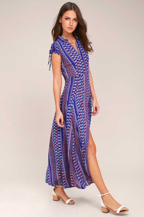 Boho Dress Midi Dress Blue Print Dress 6400 Lulus 9016