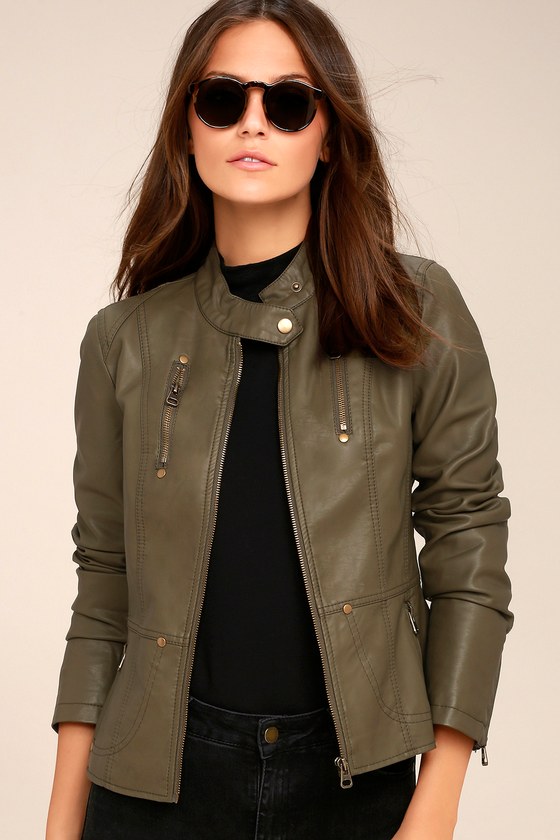 Chic Olive Green Jacket - Moto Jacket - Vegan Leather Jacket - Lulus