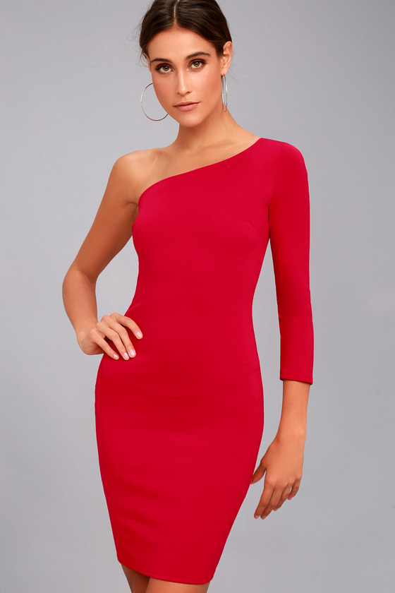 one shoulder red bodycon dress
