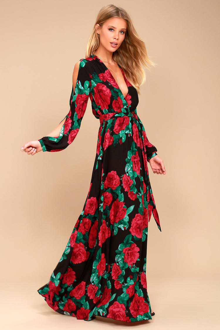 Lovely Black Floral Print Maxi - Long Sleeve Maxi Dress - Lulus
