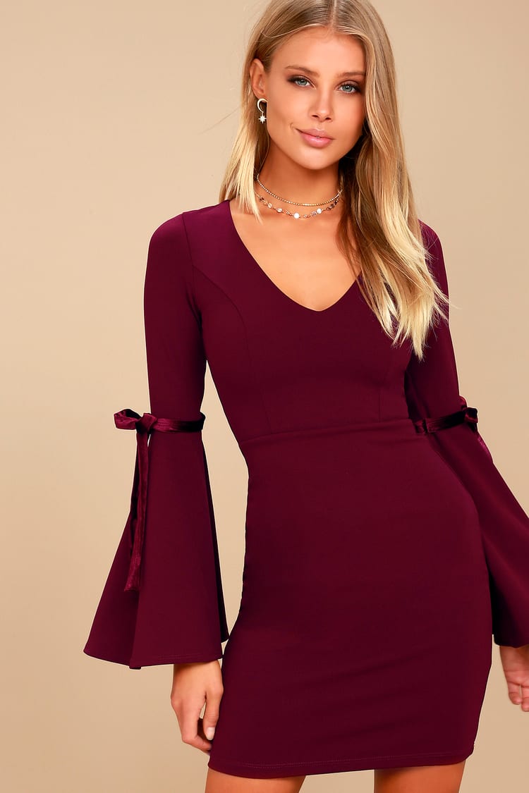 Chic Burgundy Dress - Bell Sleeve Dress - Bodycon Dress - Lulus