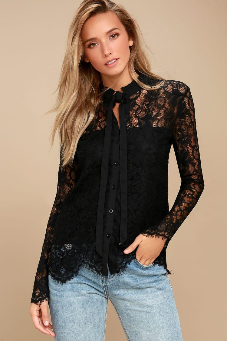 Sexy Black Top - Black Lace Button-Up Top - Long Sleeve Top - Lulus
