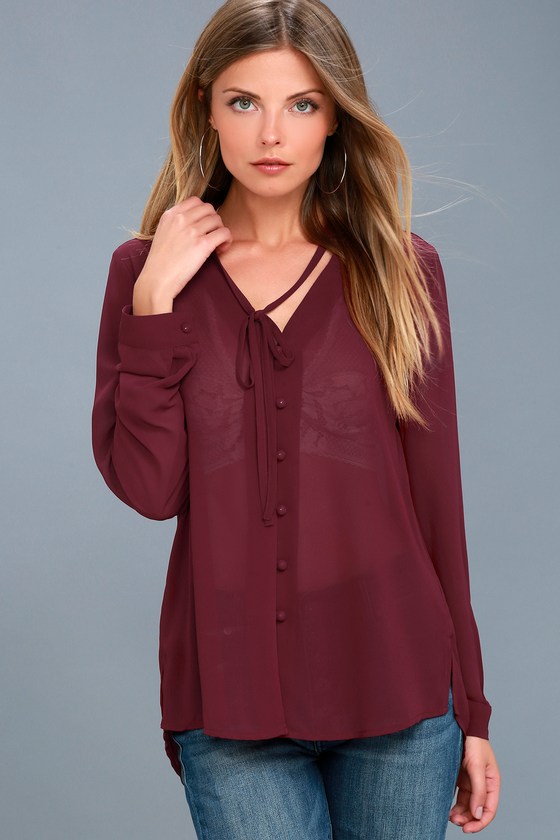 Pretty Wine Blouse - Button-Up Blouse - Long Sleeve Blouse - Lulus