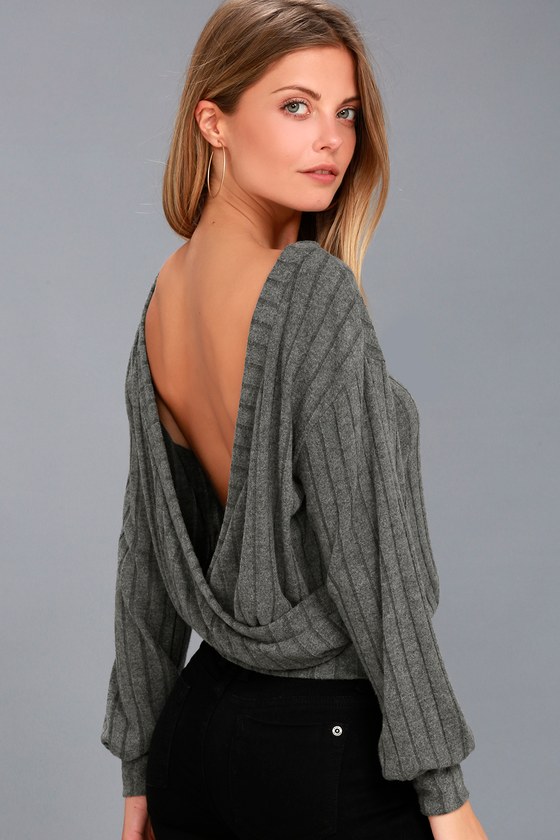 Cute Charcoal Grey Sweater Top Backless Top Ribbed Top Lulus