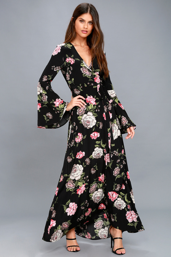 Lovely Black Floral Print Dress - Wrap Dress - Maxi Dress - Lulus