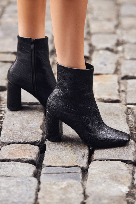 Chic Black Boots - Snake Print Booties 