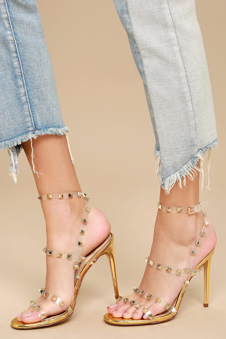 Sexy Gold Heels - Studded Heels - Clear Ankle Strap Heels - Lulus
