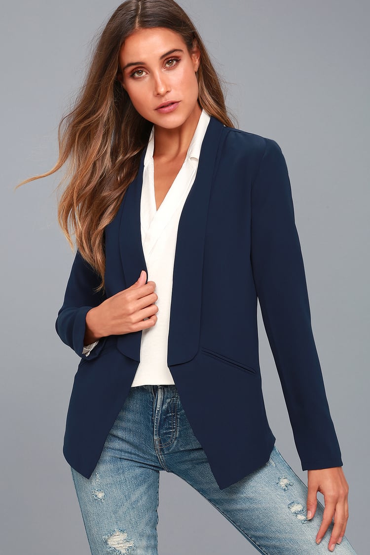 Cute Navy Blue Lightweight Blazer - Office Blazer - Tuxedo Blazer - Lulus