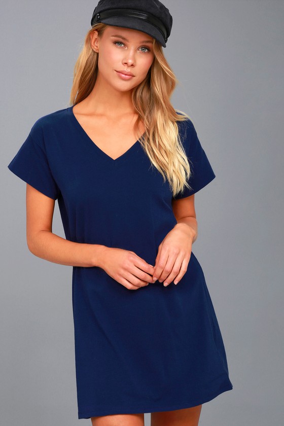 Navy Blue T-Shirt Dress - Shift Dress - V-Neck Dress - Lulus