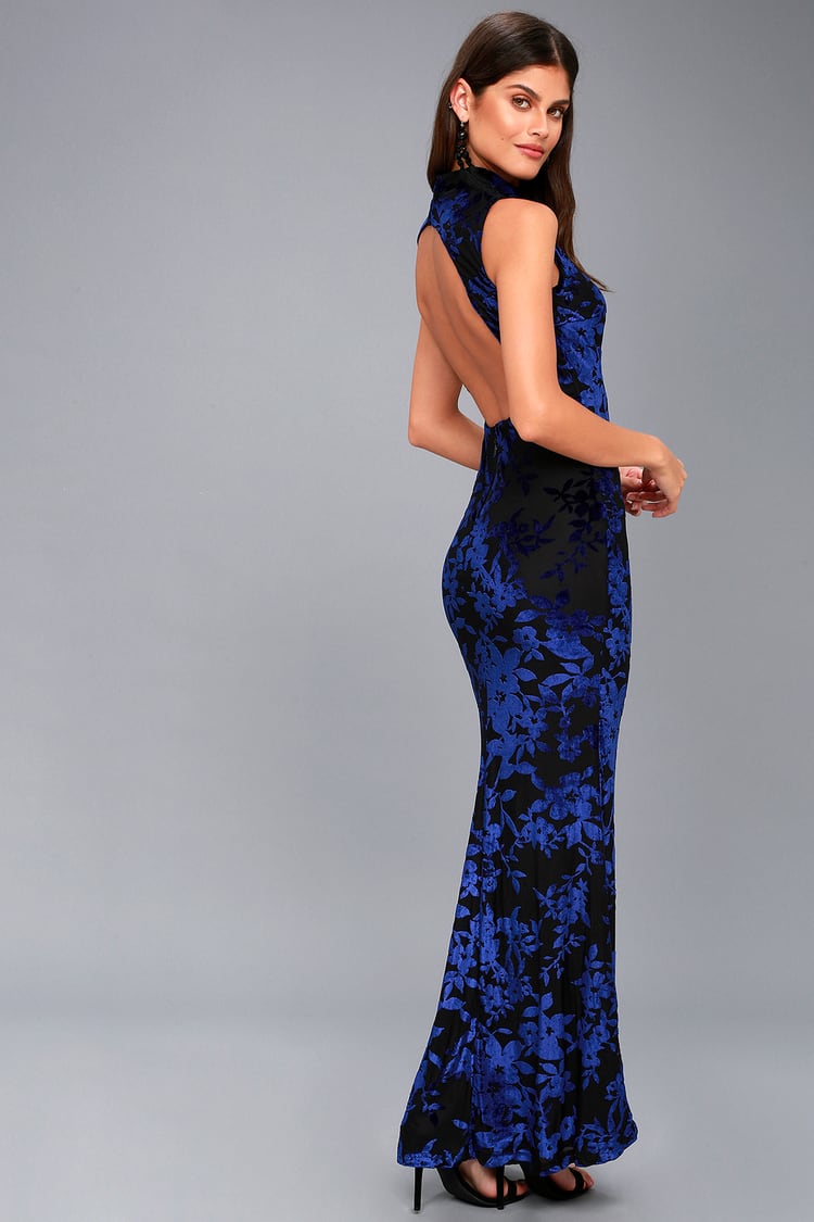 Sexy Black and Blue Velvet Dress - Floral Print Maxi Dress - Lulus